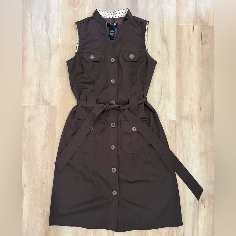 FYLO Dark Brown Button-Front Midi Utility Business Professional / office Dress